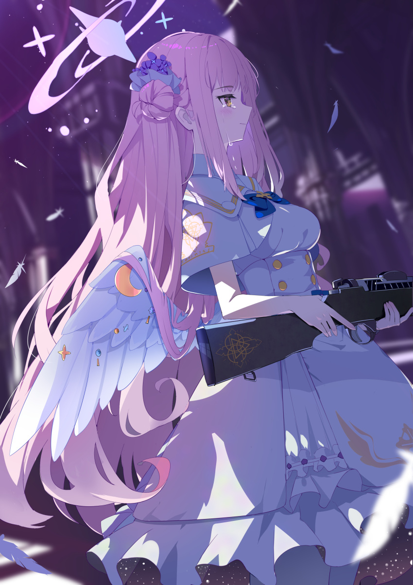 1girl absurdres angel_wings blue_archive breasts capelet closed_mouth commentary_request dress gun hair_bun halo highres holding holding_gun holding_weapon hukahire0120 long_hair medium_breasts mika_(blue_archive) pink_hair profile rifle solo weapon white_dress white_wings wings yellow_eyes