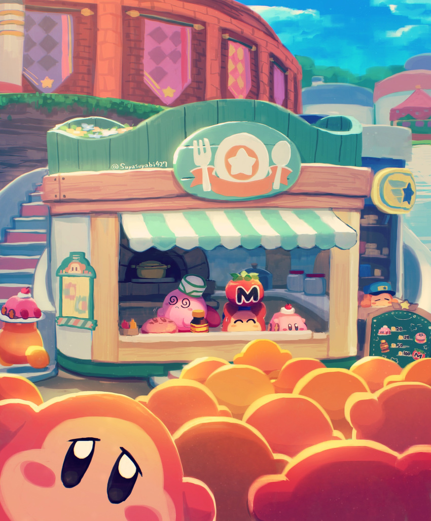 @_@ bandana bandana_waddle_dee blush_stickers burger cake cherry closed_eyes cloud colored_skin day flower food fork fruit hat highres jar ketchup_bottle kirby kirby_(series) kirby_and_the_forgotten_land maxim_tomato menu_board mustard_bottle no_humans oven pink_skin sky spoon star_(symbol) suyasuyabi sweat too_many twitter_username waddle_dee