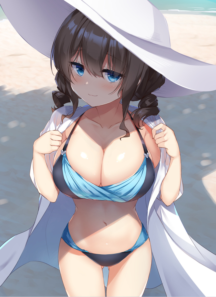 1girl :3 amakarashi ass_visible_through_thighs beach bikini black_bikini blue_bikini blue_eyes breasts brown_hair cleavage closed_mouth collarbone hair_between_eyes hat highres large_breasts long_hair looking_at_viewer navel original outdoors shirt smug solo stomach summer sun_hat swimsuit thigh_gap white_headwear white_shirt