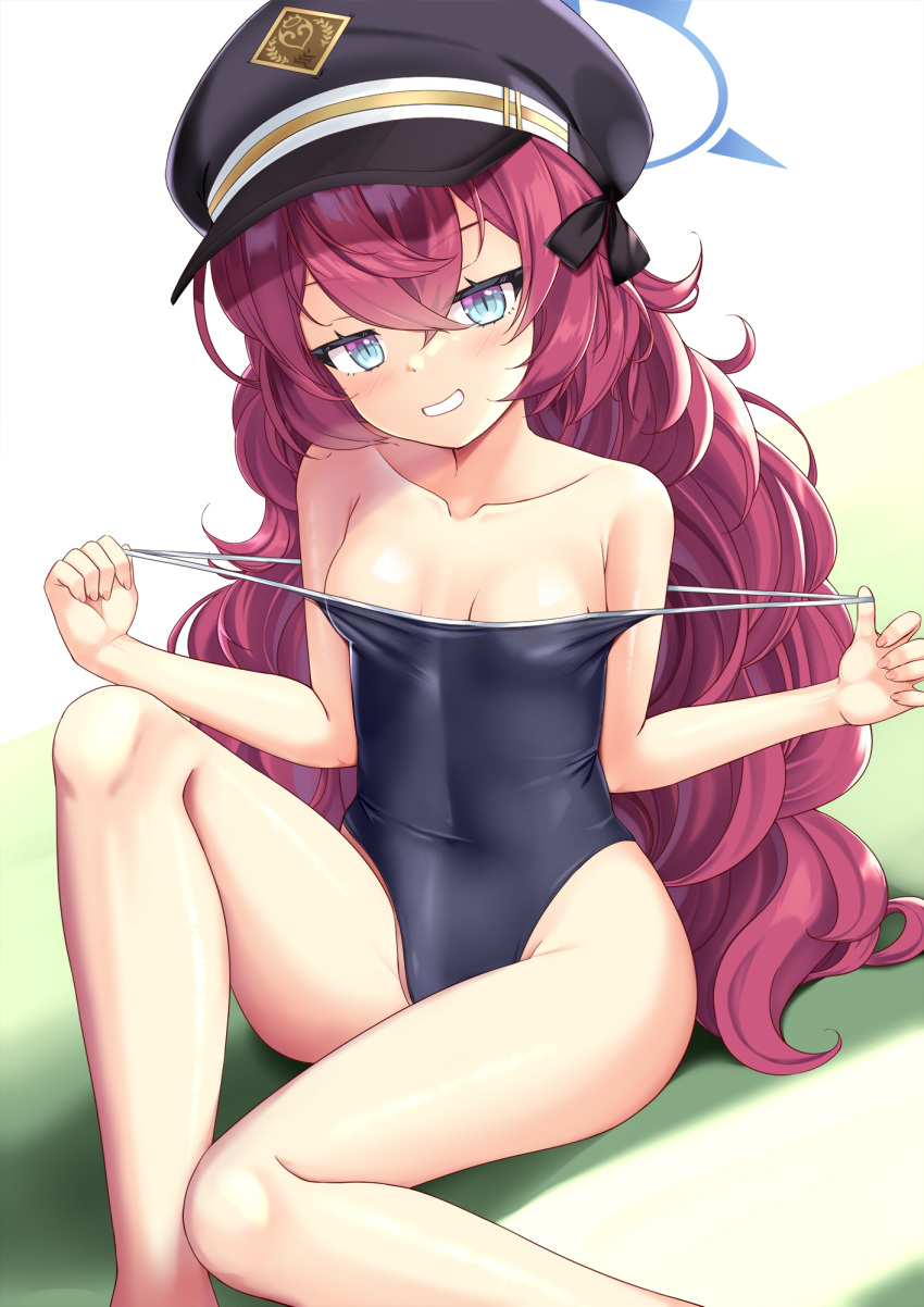 1girl bangs bare_arms bare_legs bare_shoulders black_headwear blue_archive blue_eyes blue_one-piece_swimsuit breasts clothes_pull collarbone feet_out_of_frame grin hair_between_eyes halo hands_up hat highres iroha_(blue_archive) knee_up long_hair looking_at_viewer niiya one-piece_swimsuit peaked_cap pulled_by_self red_hair sitting small_breasts smile solo strap_pull swimsuit swimsuit_pull very_long_hair white_background
