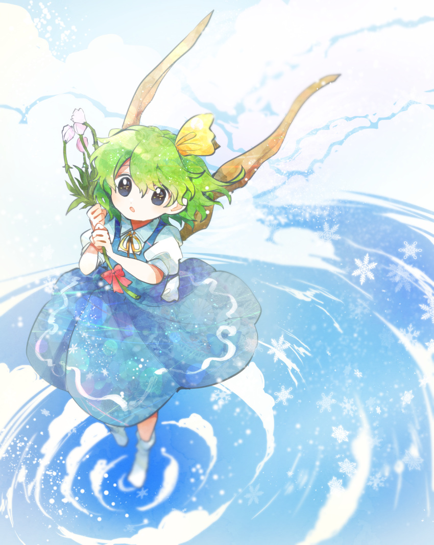 1girl black_eyes blue_dress cloud collared_shirt daiyousei dress fairy flower full_body green_hair hair_between_eyes hair_ribbon highres holding holding_flower itomugi-kun medium_hair neck_ribbon open_mouth pinafore_dress puffy_short_sleeves puffy_sleeves red_ribbon ribbon shirt short_sleeves snowflakes socks solo touhou white_shirt wings yellow_ribbon