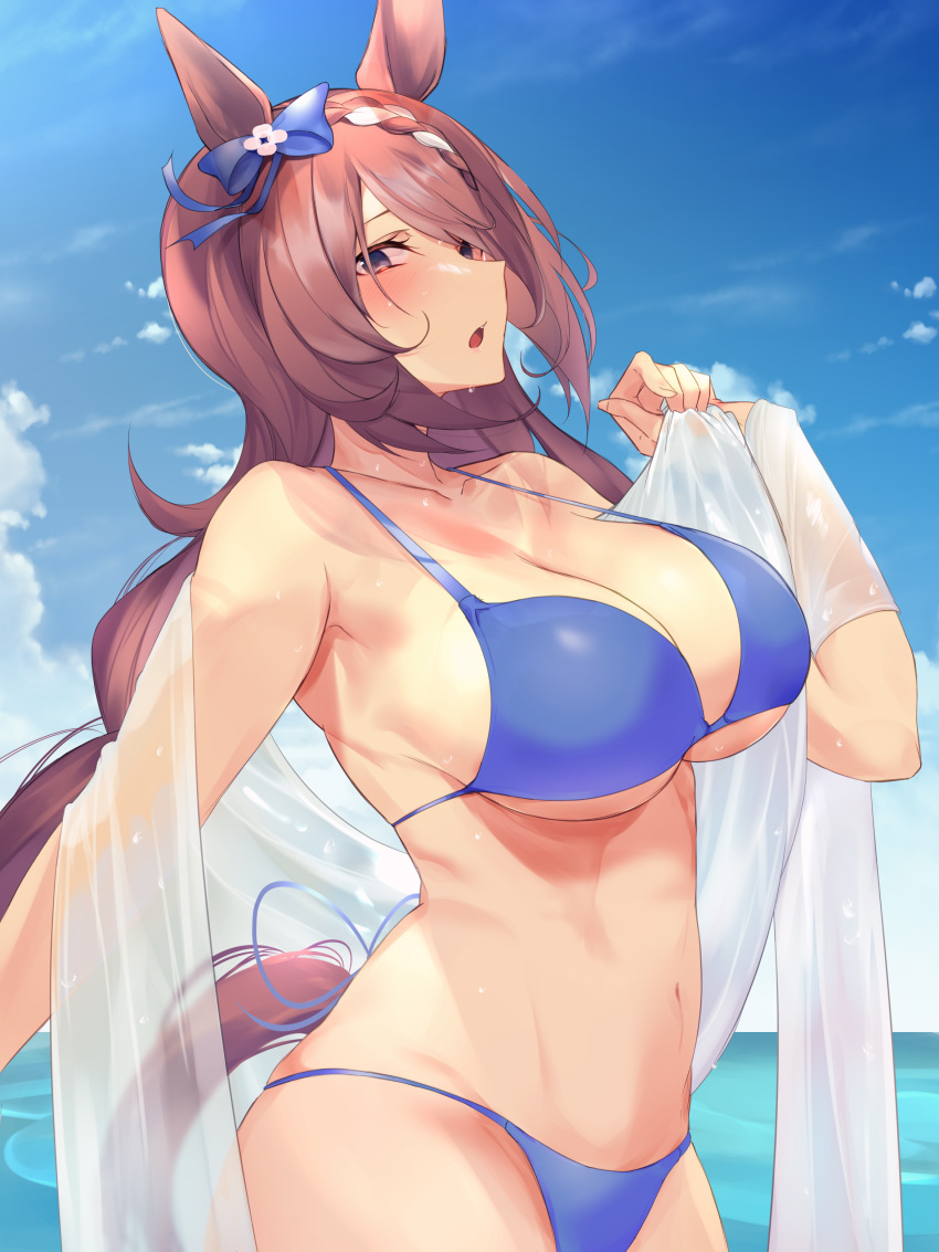 1girl :o absurdres animal_ears bangs bare_shoulders bikini blue_bikini blue_bow blue_sky blush bow braid breasts brown_hair cleavage collarbone cowboy_shot day hair_bow highres horse_ears horse_girl horse_tail large_breasts long_hair long_sleeves navel off_shoulder open_mouth outdoors purple_eyes school_uniform sky solo stomach super_creek_(umamusume) swept_bangs swimsuit tail umamusume very_long_hair yomesuket