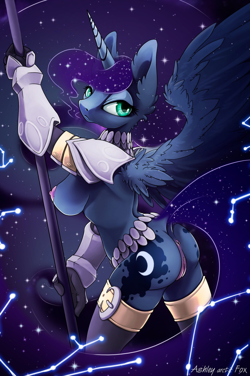 absurd_res anthro anus areola ashley-arctic-fox breasts butt clothing constellation cutie_mark dock equid equine female friendship_is_magic genitals gloves handwear hasbro hi_res horn lidded_eyes looking_at_viewer looking_back mammal my_little_pony nipples nude princess_luna_(mlp) pussy raised_tail side_boob solo spread_wings staff thick_thighs valkyrie winged_unicorn wings