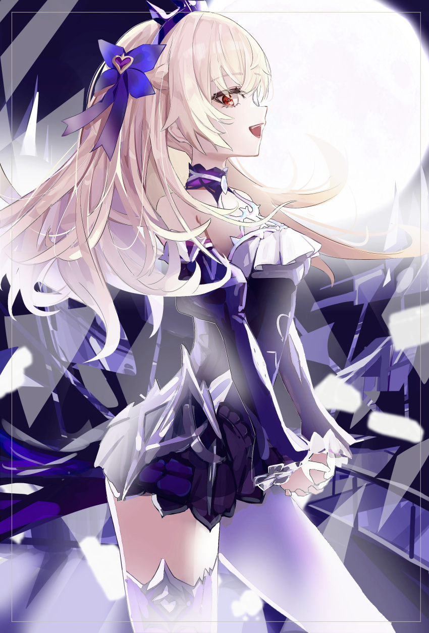 1girl absurdres achib asymmetrical_legwear blonde_hair detached_sleeves dress facing_to_the_side fischl_(ein_immernachtstraum)_(genshin_impact) fischl_(genshin_impact) full_moon genshin_impact highres long_hair looking_at_viewer moon open_mouth purple_dress red_eyes smile solo thighhighs
