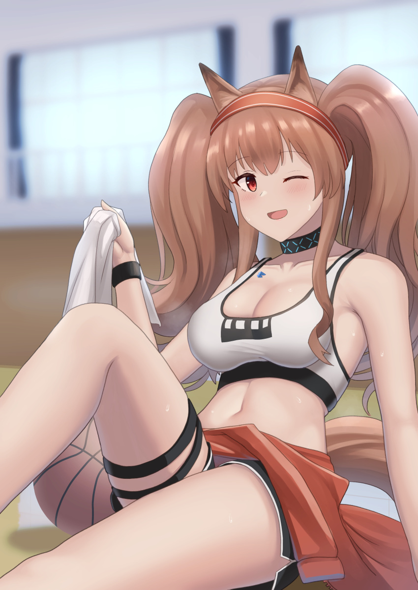 1girl ;d absurdres angelina_(arknights) animal_ears arknights bakkasu150 bangs bare_arms bare_shoulders basketball black_choker black_shorts blurry blurry_background blush breasts brown_hair choker cleavage clothes_around_waist commentary_request crop_top fox_ears fox_tail hairband hand_up highres holding infection_monitor_(arknights) jacket jacket_around_waist knee_up large_breasts long_hair looking_at_viewer midriff navel official_alternate_costume one_eye_closed open_mouth red_eyes red_hairband short_shorts shorts sidelocks sitting smile solo sports_bra stomach tail thigh_strap thighs twintails window wristband