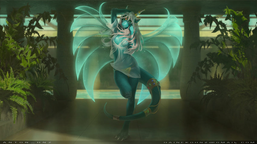 anthro beautiful breasts character clothing com dancing dragon environment female furry hair hi_res hnz horn illustration invalid_background invalid_tag magic mature_(disambiguation) paint panties scales sfw solo tail underwear wings