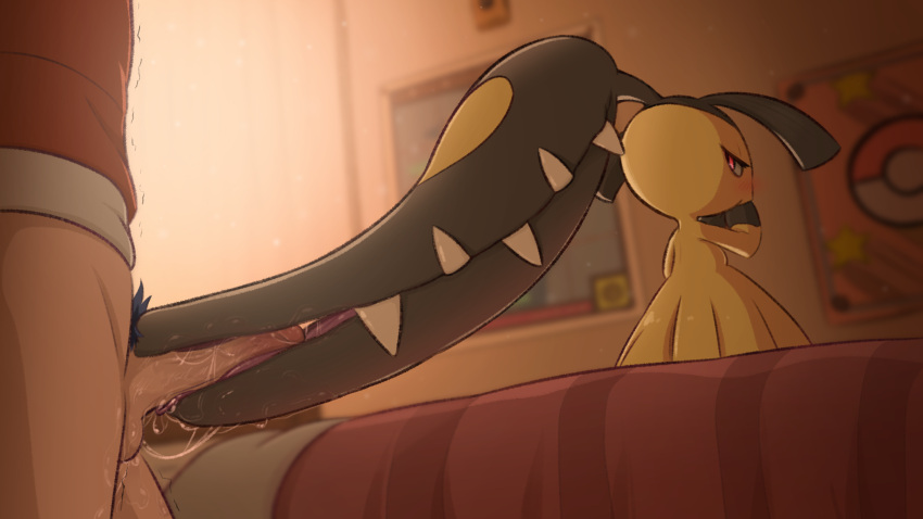 1boy absurdres bed blush erection extra_mouth fangs fellatio greatm8 hand_to_own_mouth highres looking_at_another looking_back mawile oral penis poke_ball_symbol pokemon pokemon_(creature) pokephilia poster_(object) pubic_hair saliva sharp_teeth standing teeth trembling