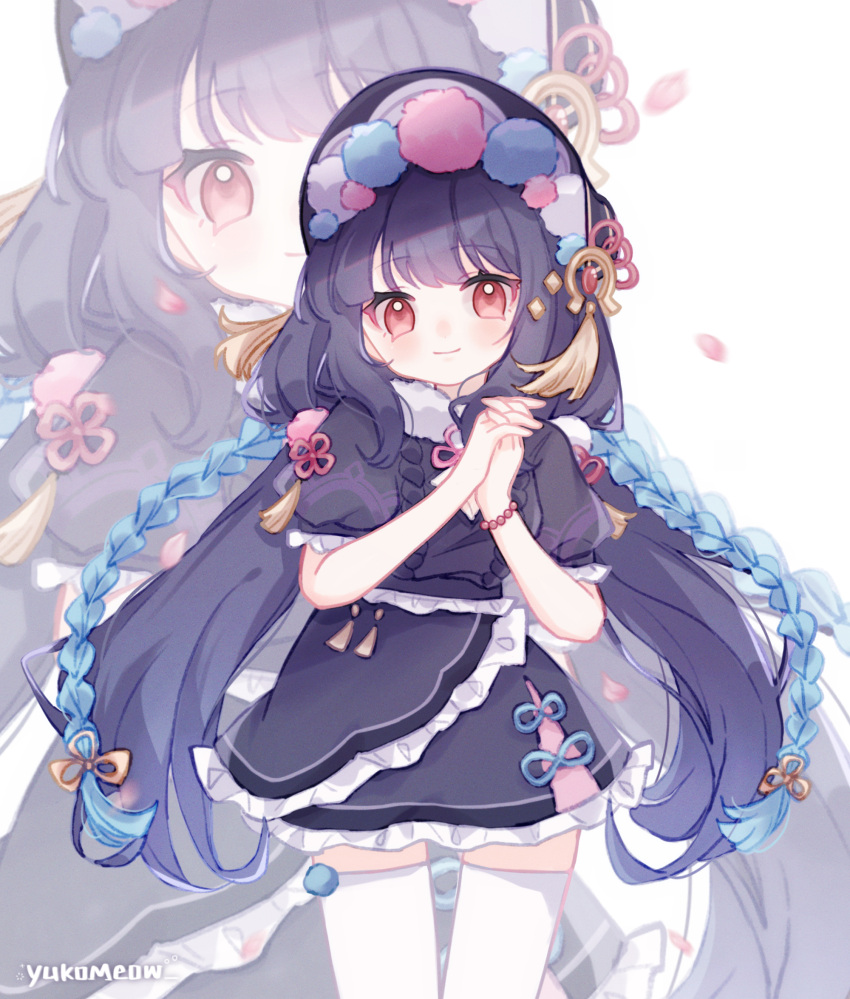 1girl artist_name bonnet bracelet breasts dress flower_knot genshin_impact highres hime_cut jewelry lolita_fashion long_hair looking_at_viewer multicolored_clothes multicolored_headwear own_hands_clasped own_hands_together purple_dress purple_hair qi_lolita red_eyes small_breasts smile solo tassel white_background younger yukomeow yun_jin_(genshin_impact) zoom_layer