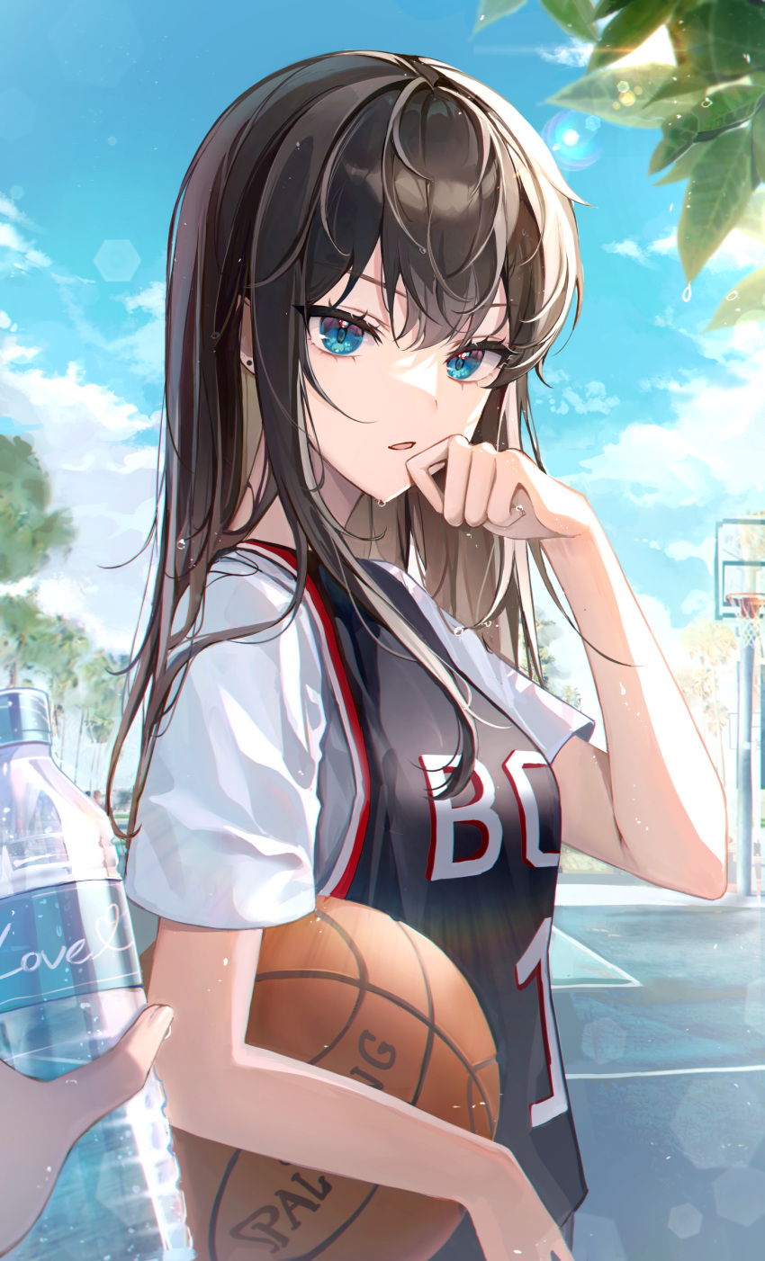 1girl 1other absurdres ball bangs basketball basketball_court basketball_hoop basketball_jersey blue_eyes blue_sky bottle branch brown_hair cloud day earrings eunyoo eyelashes hair_between_eyes hand_up highres holding holding_ball holding_bottle jersey jewelry leaf lens_flare light_particles long_hair looking_at_viewer open_mouth original outdoors parted_lips pov shirt short_sleeves sidelighting sidelocks sky solo_focus spalding stud_earrings sweat tree water_bottle white_shirt