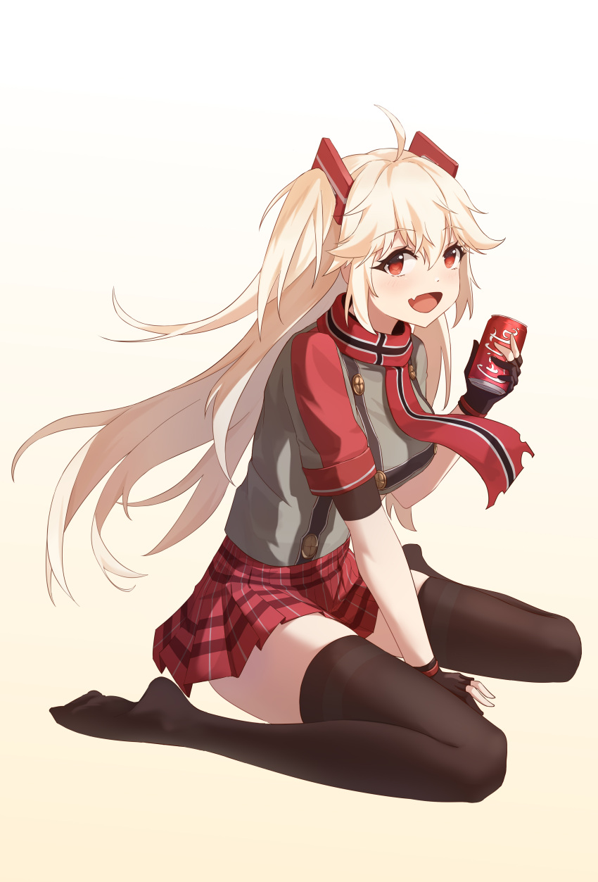 1girl :d absurdres ahoge azur_lane bangs between_legs black_gloves black_thighhighs blonde_hair bluecher_(azur_lane) blush bodystocking breasts can chinese_commentary coca-cola commentary fang full_body gloves grey_shirt hair_between_eyes hair_ornament hand_between_legs highres holding holding_can koshouko_(fenrisulfr1010) large_breasts long_hair looking_at_viewer miniskirt multicolored_clothes multicolored_scarf open_mouth partially_fingerless_gloves plaid plaid_skirt pleated_skirt red_eyes red_scarf red_skirt red_sleeves scarf shirt short_sleeves sidelocks simple_background sitting skin_fang skirt smile soda_can solo thighhighs twintails wariza zettai_ryouiki