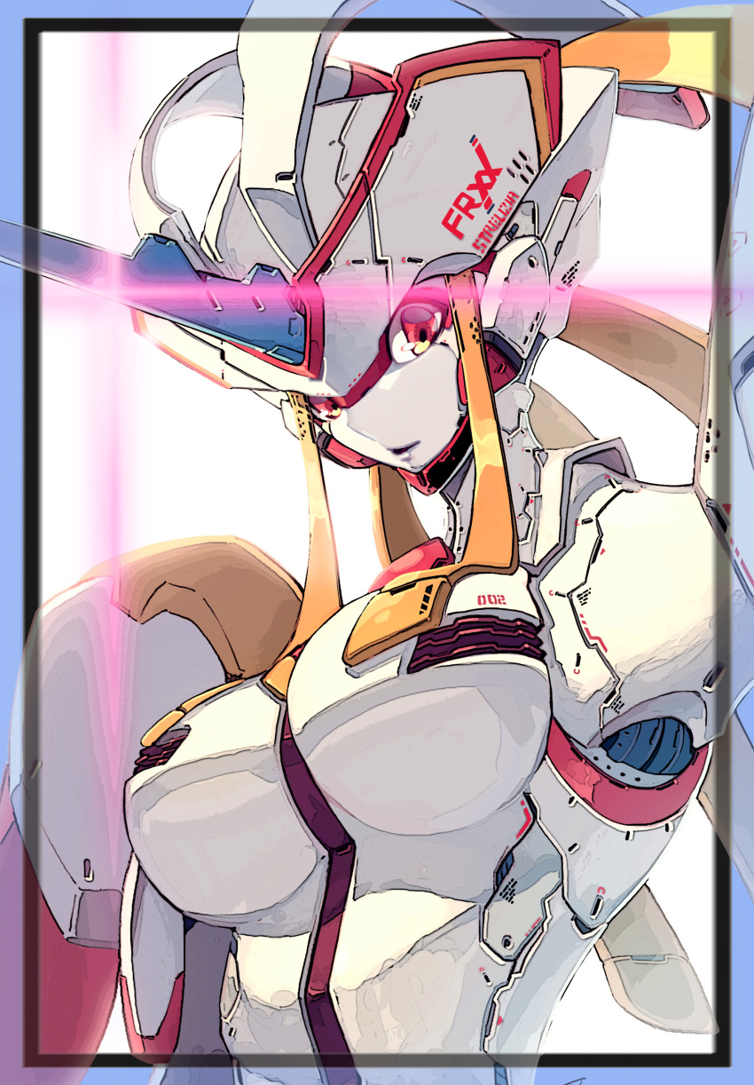 1girl absurdres breasts colored_skin darling_in_the_franxx highres horns humanoid_robot large_breasts mecha_musume no_nipples red_eyes robot single_horn solo strelizia white_skin