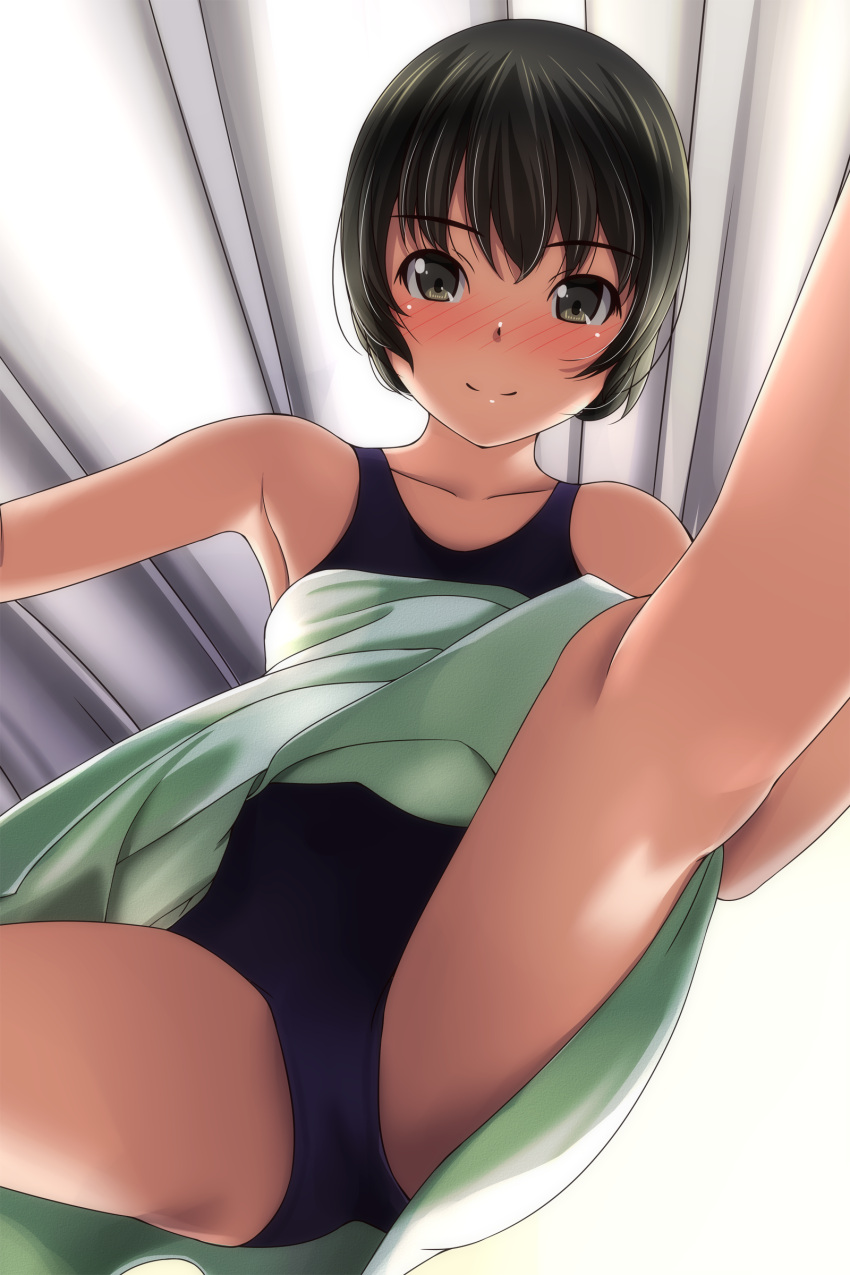 absurdres armpits ass_visible_through_thighs backlighting bangs bare_shoulders black_hair blue_one-piece_swimsuit blush brown_eyes casual_one-piece_swimsuit ceiling closed_mouth dress from_below full-face_blush glowing green_dress highres legs light_rays looking_at_viewer matsunaga_kouyou one-piece_swimsuit original outstretched_arm short_hair smile spread_legs standing swimsuit swimsuit_under_clothes upskirt