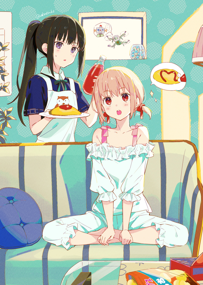 2girls akamoku banned_artist barefoot black_hair blonde_hair bottle chips couch food hair_ribbon highres holding holding_bottle indian_style inoue_takina ketchup long_hair lycoris_recoil multiple_girls nishikigi_chisato omurice on_couch ponytail purple_eyes red_eyes red_ribbon ribbon short_hair short_twintails sitting twintails