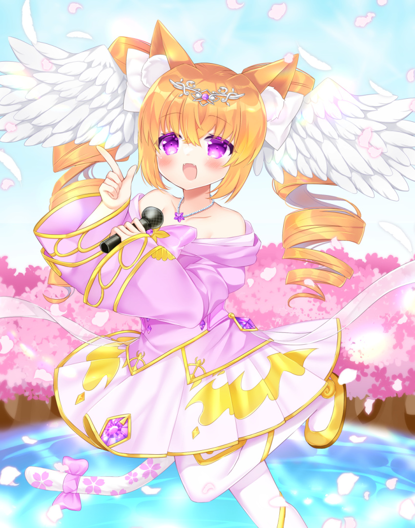 1girl :d animal_ear_fluff animal_ears bare_shoulders blue_sky blush bow cat_ears cloud collarbone commentary_request commission copyright_request day drill_hair fangs feathered_wings feet_out_of_frame flower head_wings highres holding holding_microphone long_hair long_sleeves looking_at_viewer microphone orange_hair outdoors pantyhose petals pink_bow pink_flower pleated_skirt purple_eyes purple_shirt shikito shirt shoes skeb_commission skirt sky smile solo standing standing_on_one_leg tail tail_bow tail_ornament tiara tree twin_drills twintails virtual_youtuber water white_pantyhose white_skirt white_wings wide_sleeves wings yellow_footwear