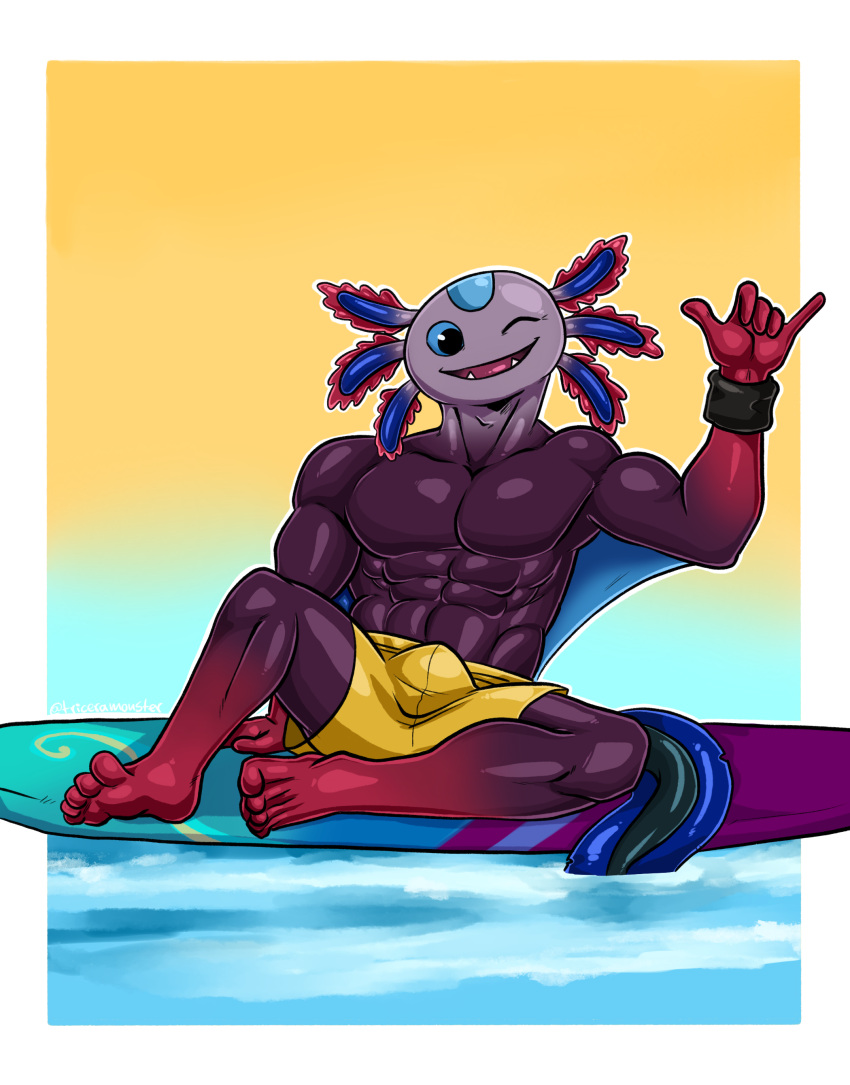 5_toes absurd_res anthro armband axo_(fortnite) bare_chest barefoot bulge clothing cute_fangs epic_games feet fortnite hand_sign hi_res male solo swimming_trunks swimwear toes triceramonster video_games