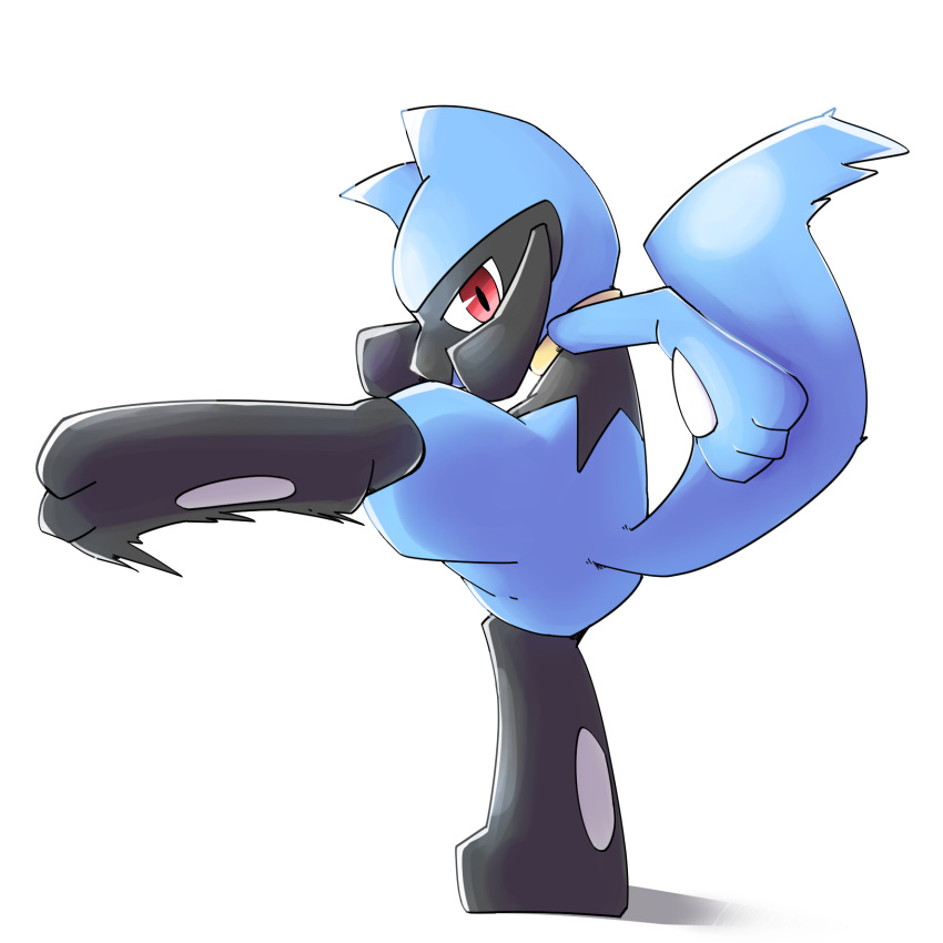 3_fingers 3_toes action_pose ambiguous_gender black_body blue_body blue_fur chaba feet feral fingers fur generation_4_pokemon hi_res kick looking_at_viewer motion_lines mouth_obstructed multicolored_body nintendo one_eye_obstructed pokemon pokemon_(species) pose red_eyes riolu simple_background solo toes touching_tail two_tone_body video_games white_background