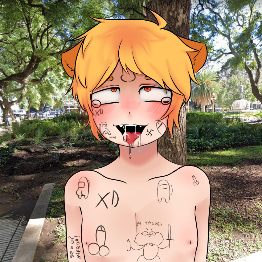 1boy absurdres ahegao animal_ears argentina body_writing cat_ears crazy crewmate_(among_us) drawing_on_another's_face gaturro highres impostor_(among_us) marker nipples public_use saliva slave spanish_text tongue tongue_out valerednsfw
