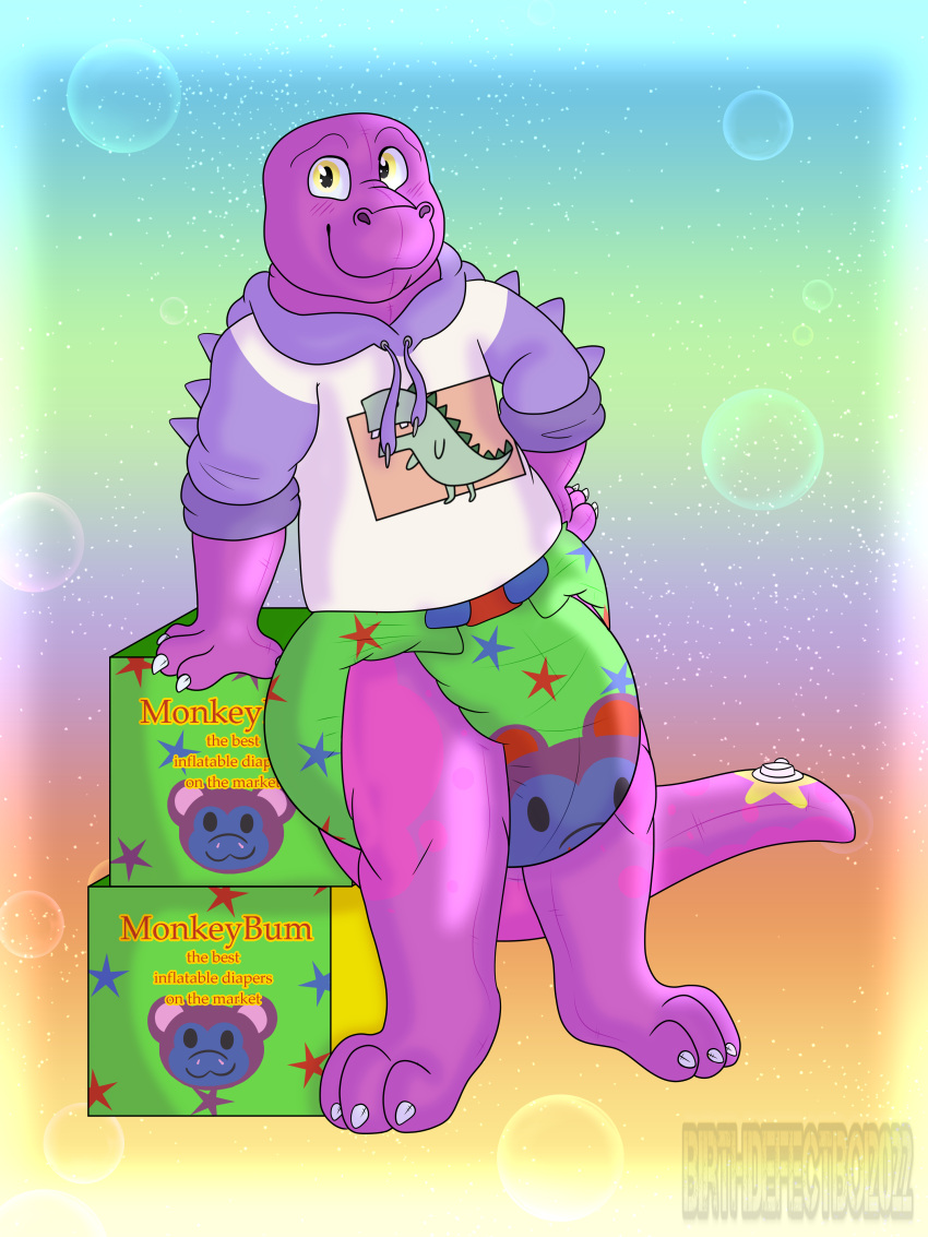 absurd_res animate_inanimate anthro big_diaper birthdefectboi blush box container diaper dinosaur hand_on_box hand_on_hip haplorhine hi_res infantilism inflatable leaning living_inflatable male mammal monkey primate reptile scalie simple_background smile solo sweatshirt swollen_diaper zoran