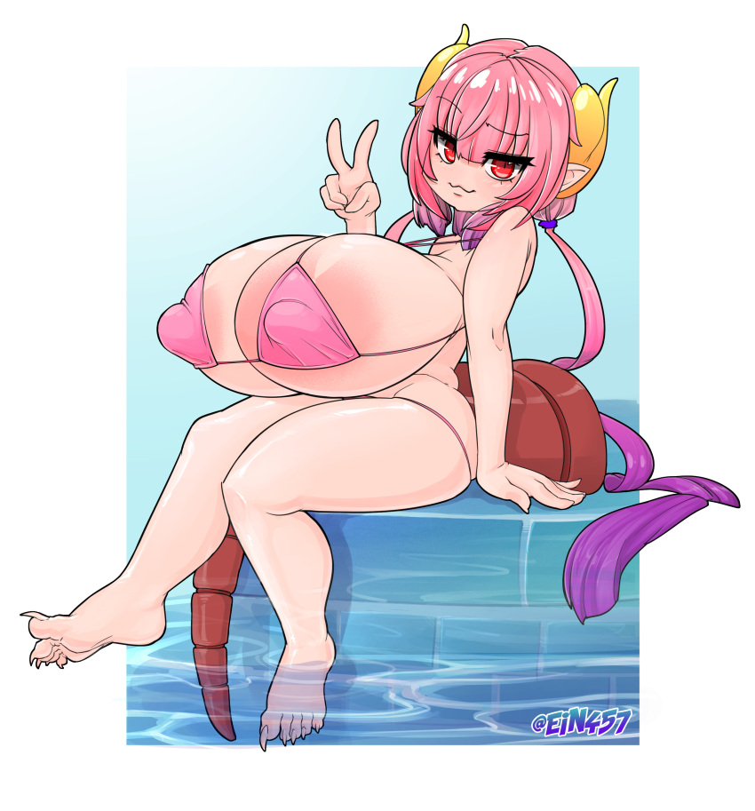 absurd_res animal_humanoid areola big_areola big_breasts big_nipples bikini breasts claws clothed clothing dragon dragon_humanoid ein457 female gesture hair hi_res horn horned_humanoid huge_areola huge_breasts humanoid humanoid_pointy_ears hyper hyper_breasts ilulu miss_kobayashi's_dragon_maid nipple_outline nipples pink_hair segmented_tail short_stack skindentation solo string_bikini swimwear thong toe_claws underwear v_sign wide_hips