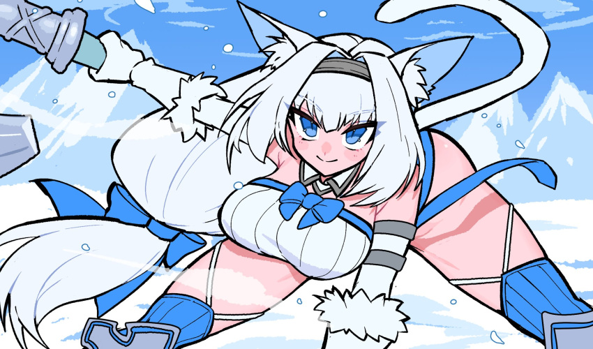 1girl animal_ears blue_eyes breasts dobrynya_nikitich_(fate) elbow_gloves fate/grand_order fate_(series) gloves hacco_mayu highres holding holding_weapon large_breasts leaning_forward long_hair low-tied_long_hair mountainous_horizon smile snow tail thighhighs thighs war_hammer weapon white_hair