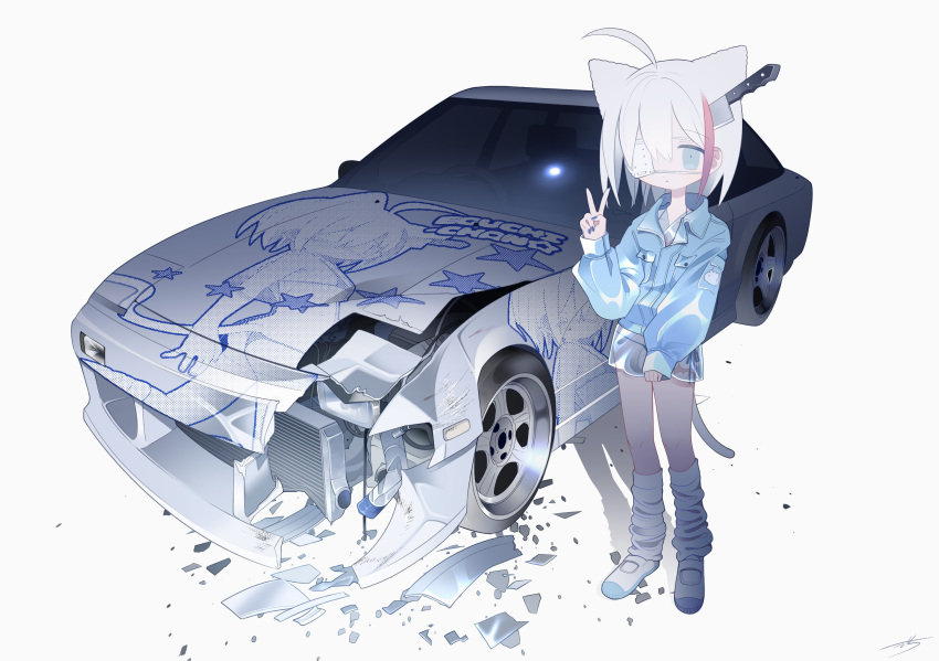 1girl ahoge animal_ears bangs blue_eyes blue_jacket blue_nails breast_pocket car car_crash cat_ears cat_girl cat_tail closed_mouth commentary_request damaged eguchi_saan expressionless eyepatch full_body ground_vehicle hand_up highres itasha jacket japanese_clothes kimono knife_in_head long_sleeves looking_at_viewer loose_socks medical_eyepatch medium_hair motor_vehicle multicolored_hair nail_polish one_eye_covered original panties partial_commentary pocket scar scar_on_leg see-through_kimono shoes short_kimono side-tie_panties simple_background sleeves_past_wrists socks solo sports_car standing streaked_hair tail underwear uwabaki v vehicle_request white_background white_footwear white_hair white_socks