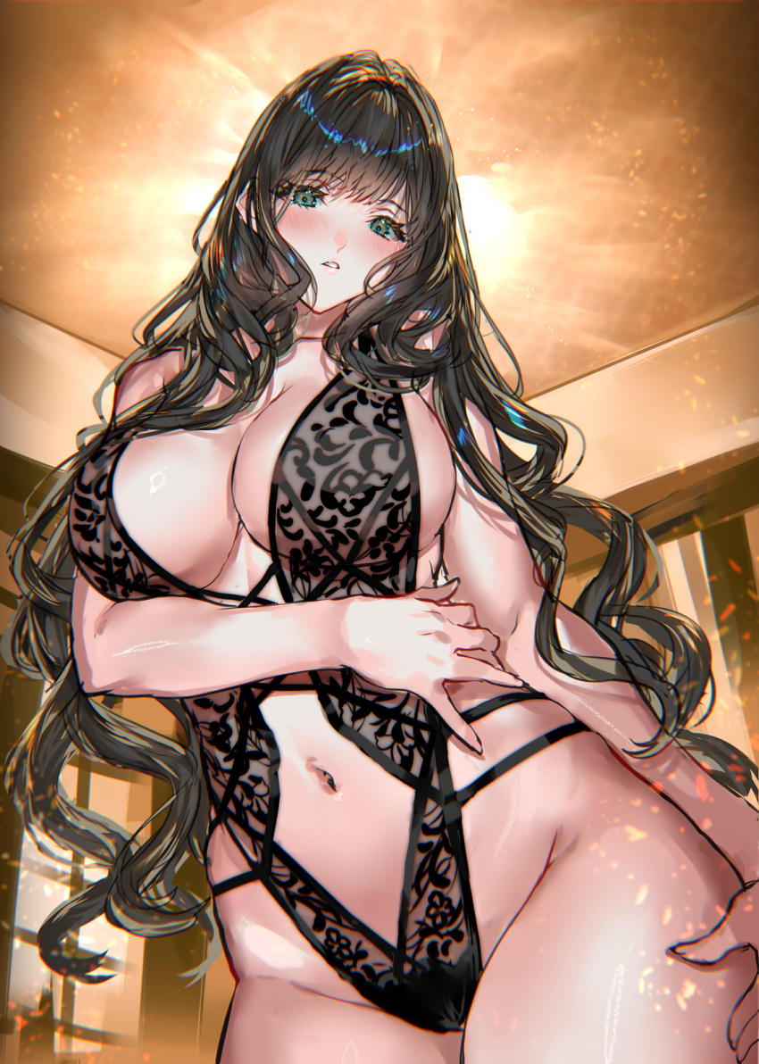 1girl backlighting bangs bare_shoulders blush breasts brown_hair center_opening cleavage collarbone green_eyes highleg highres large_breasts lingerie long_hair looking_at_viewer navel original parted_lips ran'ou_(tamago_no_kimi) solo thighs underwear