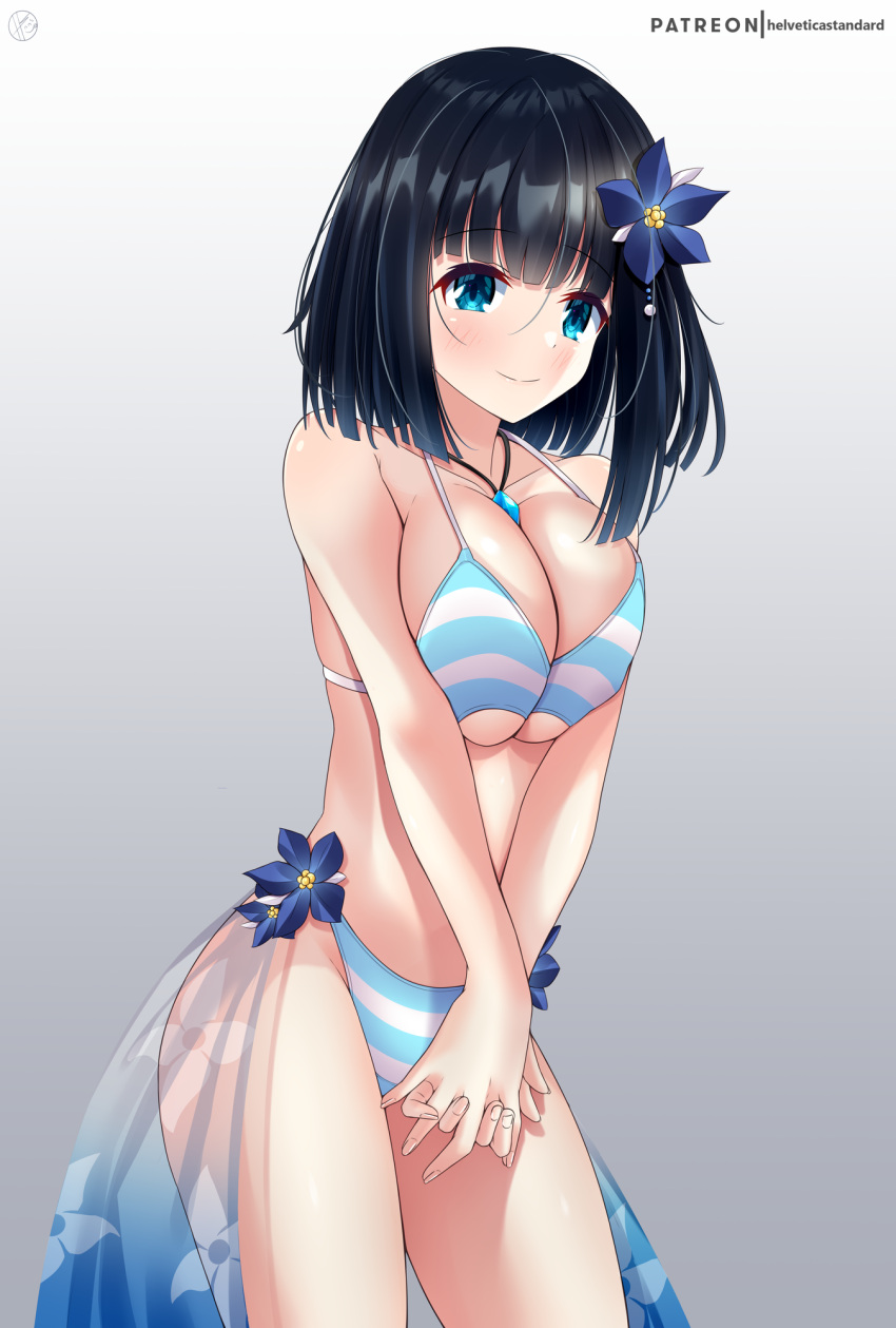 1girl aqua_eyes bangs bare_shoulders bikini black_hair blunt_bangs breast_squeeze breasts cleavage closed_mouth collarbone cowboy_shot flower hair_flower hair_ornament helvetica_std highres jewelry large_breasts looking_at_viewer medium_hair navel necklace original own_hands_together see-through simple_background smile solo striped striped_bikini swimsuit thighs v_arms