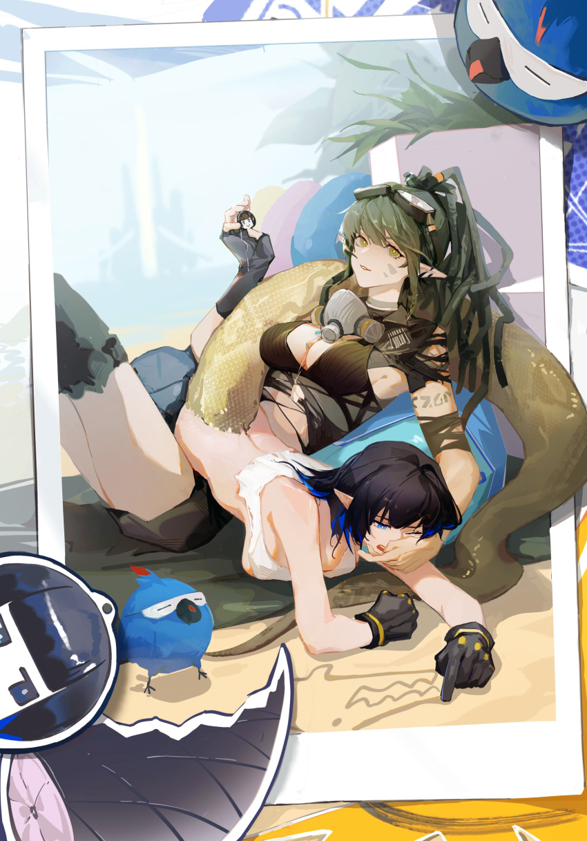 2girls absurdres arknights baichuanhaokun bare_arms bare_shoulders black_gloves breasts cleavage eunectes_(arknights) eunectes_(forgemaster)_(arknights) fingerless_gloves gavial_(arknights) gavial_the_invincible_(arknights) gloves goggles goggles_on_head green_hair hand_up high_priest_(arknights) highres long_hair lying medium_breasts multiple_girls on_stomach photo_(object) sitting snake_tail tail thighs