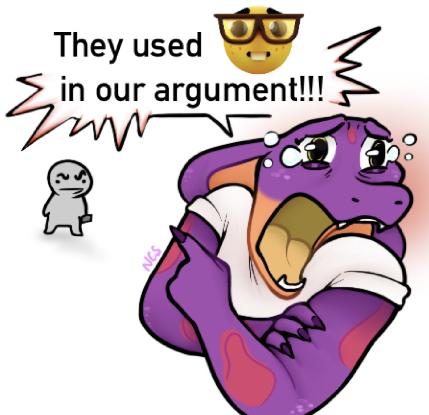 anthro bodily_fluids cobra crying dialogue english_text female hi_res humor keeshee meme ncs nerd_emoji_(meme) purple_body purple_scales reptile scales scalie snake tears text