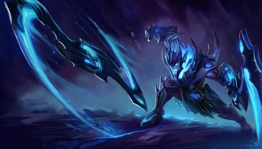 1boy absurdres alternate_costume armor aura axe bad_source blue_eyes draven fighting fighting_stance glowing glowing_eyes helmet highres kienan_lafferty league_of_legends leg_armor looking_to_the_side male_focus mature_male official_art outdoors skirt smile solo soul_reaver_draven spiked_armor teeth weapon
