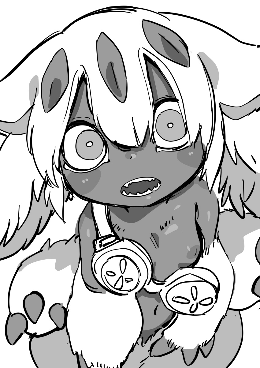 2022 3_fingers absurd_res animal_humanoid arthropod blush breasts claws clothed clothing dark_body dark_skin digital_media_(artwork) faputa female fingers fur hair hi_res humanoid insect looking_at_viewer made_in_abyss monochrome multi_arm multi_limb narehate navel nipples sharp_teeth simple_background sketch small_breasts smile solo teeth uyu white_background white_body white_fur