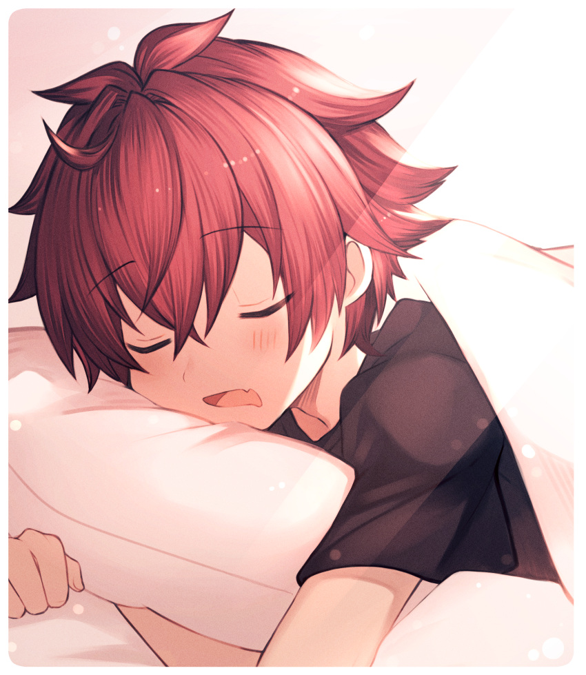 1boy absurdres bed black_shirt blanket blush border child closed_eyes facing_viewer fang highres male_child male_focus memo_haco open_mouth original pillow red_hair shirt short_hair short_sleeves skin_fang sleeping snoring solo white_border
