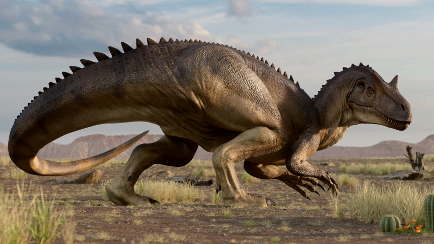 16:9 3d_(artwork) 4k absurd_res allosaurid allosaurus ambiguous_gender butt cactus claws desert detailed_background digital_media_(artwork) dinosaur feral grass hi_res ivorylagiacrus looking_at_viewer looking_back outside plant presenting presenting_hindquarters reptile scales scalie sharp_claws sharp_teeth sky solo teeth teeth_visible theropod thick_thighs toe_claws walking widescreen