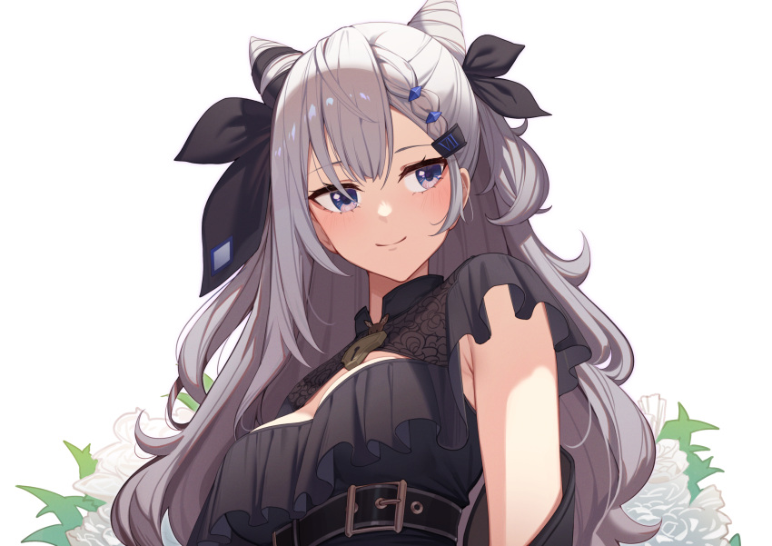 1girl bangs belt black_shirt commentary cone_hair_bun erezu from_below grey_hair hair_bun highres hololive hololive_indonesia long_hair purple_eyes shirt smile solo vestia_zeta virtual_youtuber