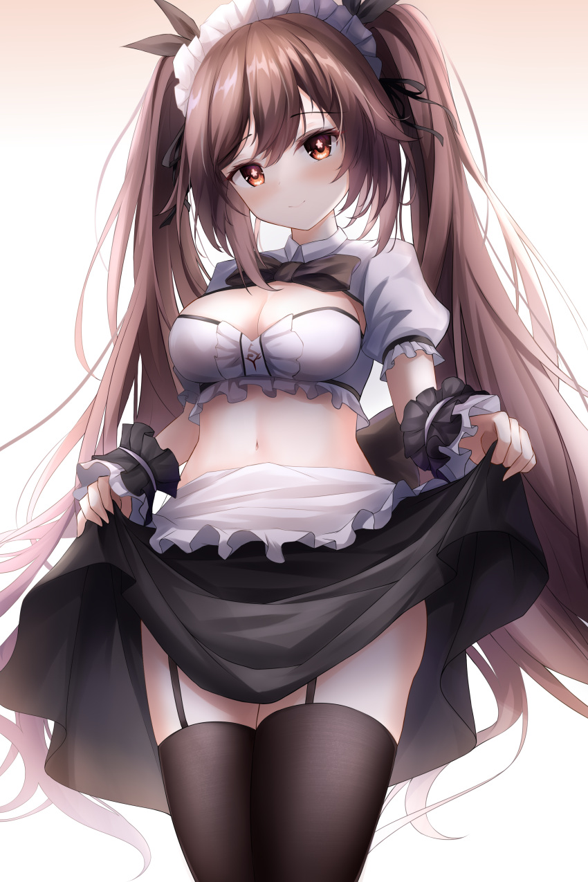 1girl absurdres alternate_costume apron bangs black_bow black_bowtie black_ribbon black_skirt black_wrist_cuffs blush bow bowtie breasts brown_garter_straps brown_hair brown_thighhighs cleavage closed_mouth clothes_lift cowboy_shot crop_top enmaided flower-shaped_pupils frilled_apron frilled_hairband frilled_shirt frilled_sleeves frills from_below garter_belt genshin_impact gradient gradient_background hair_ribbon hairband highres hu_tao_(genshin_impact) legs_together lifted_by_self long_hair maid maid_apron maid_headdress medium_breasts navel proverbs_zhenyan puffy_short_sleeves puffy_sleeves red_eyes ribbon shirt short_sleeves shrug_(clothing) sidelocks skirt skirt_lift smile solo stomach symbol-shaped_pupils thighhighs thighs twintails waist_apron white_apron white_background white_shirt wrist_cuffs