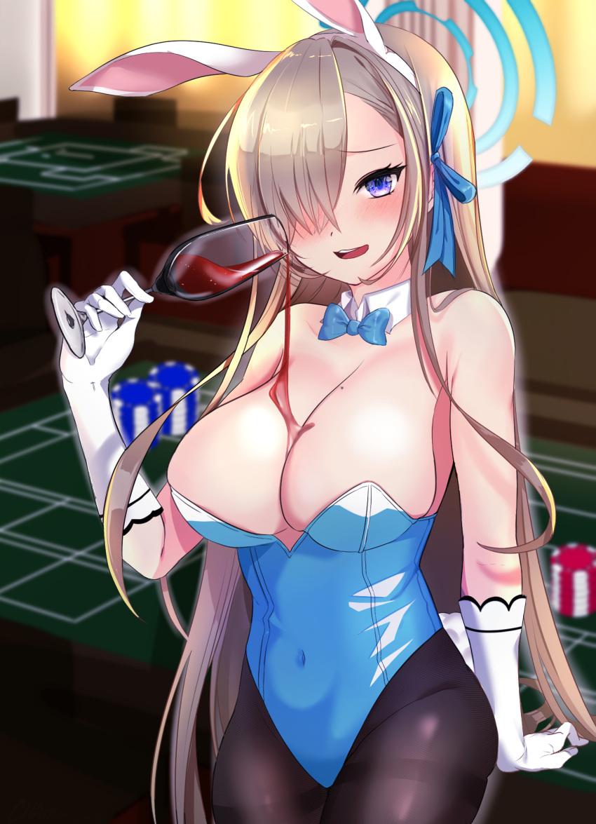 1girl alternate_eye_color animal_ears arm_at_side arm_behind_back asuna_(blue_archive) asuna_(bunny)_(blue_archive) bangs bare_shoulders between_breasts black_pantyhose blonde_hair blue_archive blue_bow blue_bowtie blue_leotard blue_ribbon blurry blurry_background bow bowtie breasts brown_hair casino chaum chips cleavage collarbone commentary_request covered_navel detached_collar dot_nose fake_animal_ears food forehead gloves hair_ornament hair_over_one_eye hair_ribbon halo highres holding indoors large_breasts leotard long_hair mole mole_on_breast official_alternate_costume open_mouth pantyhose parted_bangs playboy_bunny ribbon shadow solo spill strapless strapless_leotard teeth upper_teeth very_long_hair white_gloves