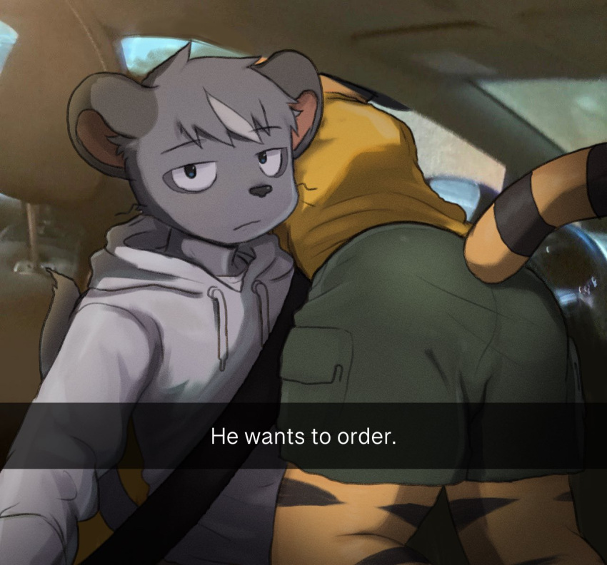 car drive-thru duo felid gelato_(latotabo) he_wants_to_order humor latotabo male male/male mammal meme murid murine pantherine rat rodent tiger tiger_boy_(latotabo) vehicle