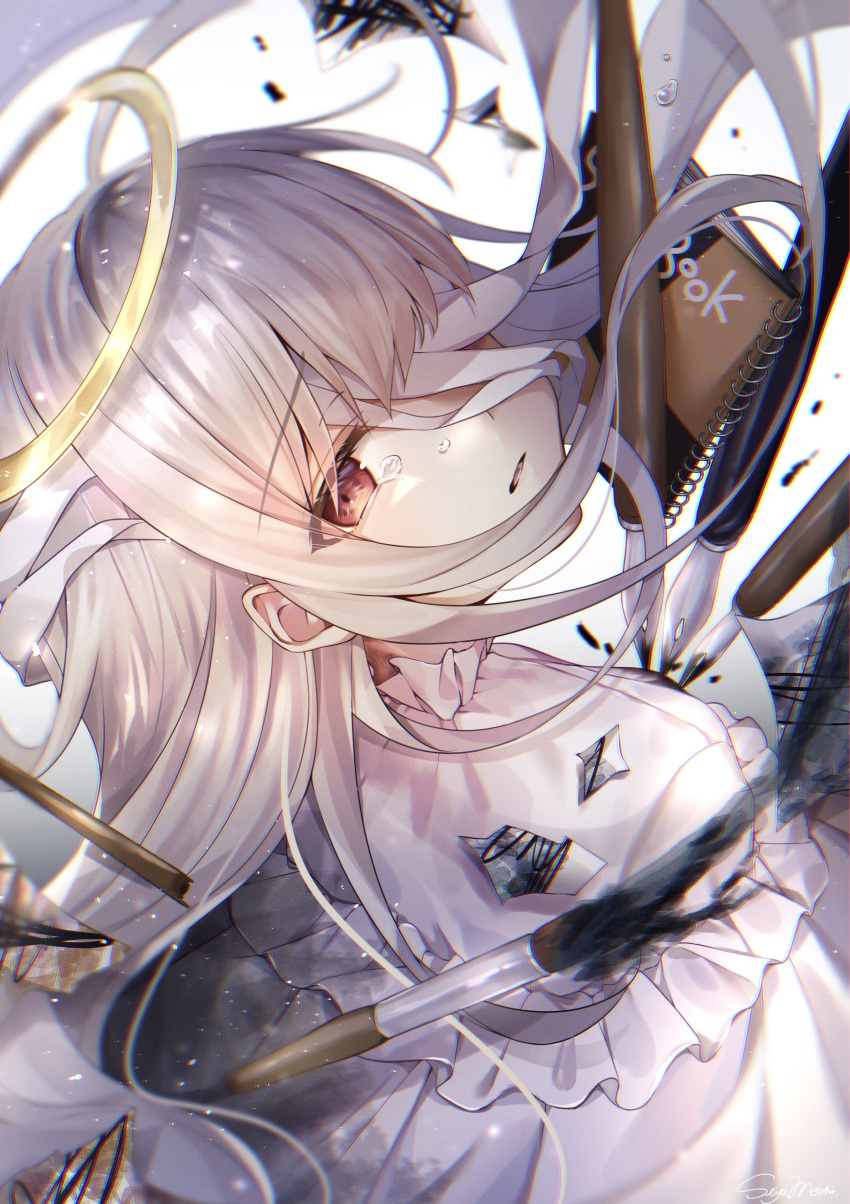1girl absurdres albino bandage_over_one_eye bandages crying dress frown halo highres long_hair looking_at_viewer looking_back mochita_sei notebook original paintbrush parted_lips red_eyes solo tears white_background white_dress white_hair
