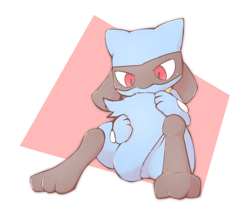 3_fingers 3_toes ambiguous_gender black_body black_eyes blue_body blue_fur chaba feet feral fingers fur generation_4_pokemon holding_own_tail looking_down nintendo pink_background pokemon pokemon_(species) red_eyes riolu simple_background sitting solo toes video_games white_background