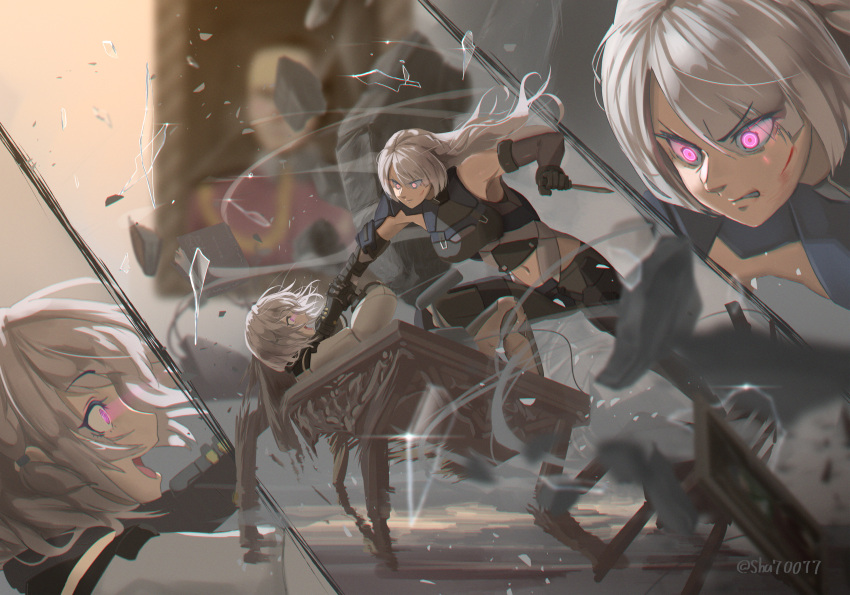 2girls ak-15_(girls'_frontline) bangs black_gloves black_pants blood blood_on_face braid breasts broken_glass commentary_request defy_(girls'_frontline) falling fighting full_body girls'_frontline glass gloves glowing glowing_eyes highres holding holding_knife indoors injury knife long_hair looking_at_another multiple_girls open_mouth pants parted_lips purple_eyes restrained rpk-16_(girls'_frontline) serious short_hair shu70077 smile table tactical_clothes twitter_username