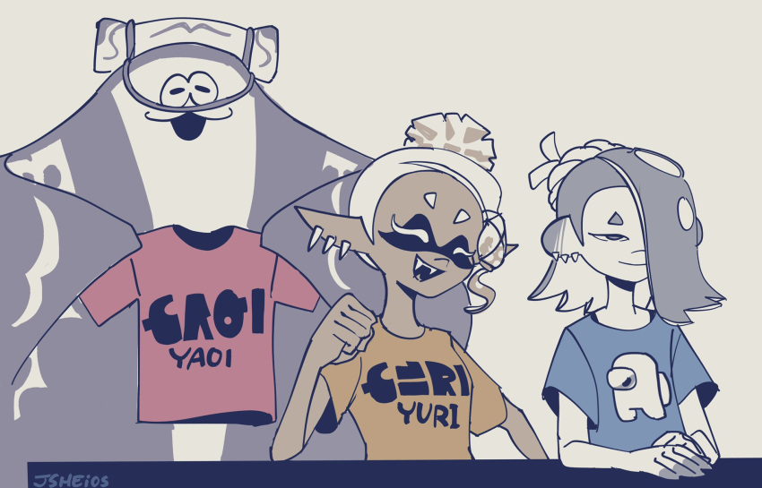 1boy 2girls among_us big_man_(splatoon) blonde_hair blue_hair clenched_hand crewmate_(among_us) fangs frye_(splatoon) fudanshi hair_bun hair_over_one_eye highres himejoshi holding holding_clothes holding_shirt jallly multiple_girls own_hands_together pointy_ears shirt shiver_(splatoon) simple_background sitting smile splatoon_(series) splatoon_3 t-shirt tan_background tentacle_hair