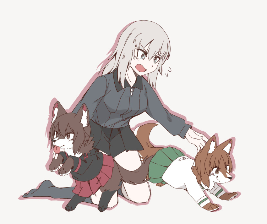 1girl :p animalization bangs black_jacket black_skirt black_socks blue_eyes brown_eyes brown_hair commentary dog dress_shirt flying_sweatdrops frown girls_und_panzer green_skirt grey_background grey_hair grey_shirt hasekura_(hachinochun) highres itsumi_erika jacket kneeling kuromorimine_military_uniform kuromorimine_school_uniform long_sleeves looking_at_another medium_hair miniskirt nishizumi_maho nishizumi_miho ooarai_school_uniform open_mouth pleated_skirt reaching_out red_skirt running school_uniform shadow shirt siblings simple_background sisters skirt socks tongue tongue_out white_shirt wing_collar