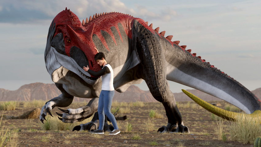 16:9 3d_(artwork) 4k absurd_res allosaurid allosaurus black_body black_scales carn_(shorty) claws clothed clothing desert detailed_background digital_media_(artwork) dinosaur duo embrace eyes_closed feral grass hair hand_on_head hand_on_snout hi_res hug human ivorylagiacrus looking_at_another looking_at_partner male mammal multicolored_body multicolored_scales nero_(shorty) outside plant protective red_body red_scales reptile scales scalie sharp_claws sharp_teeth size_difference sky smile teeth teeth_visible theropod white_body white_scales widescreen yellow_body yellow_scales