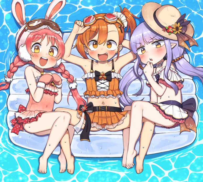 3girls ass bikini braid fang frilled_bikini frills goggles goggles_on_head hair_between_eyes hat kyouka_(princess_connect!) lakilolom midriff mimi_(princess_connect!) misogi_(princess_connect!) multiple_girls navel one-piece_swimsuit open_mouth orange_hair pink_hair ponytail princess_connect! purple_hair spread_legs sun_hat swimsuit twin_braids twintails yellow_eyes