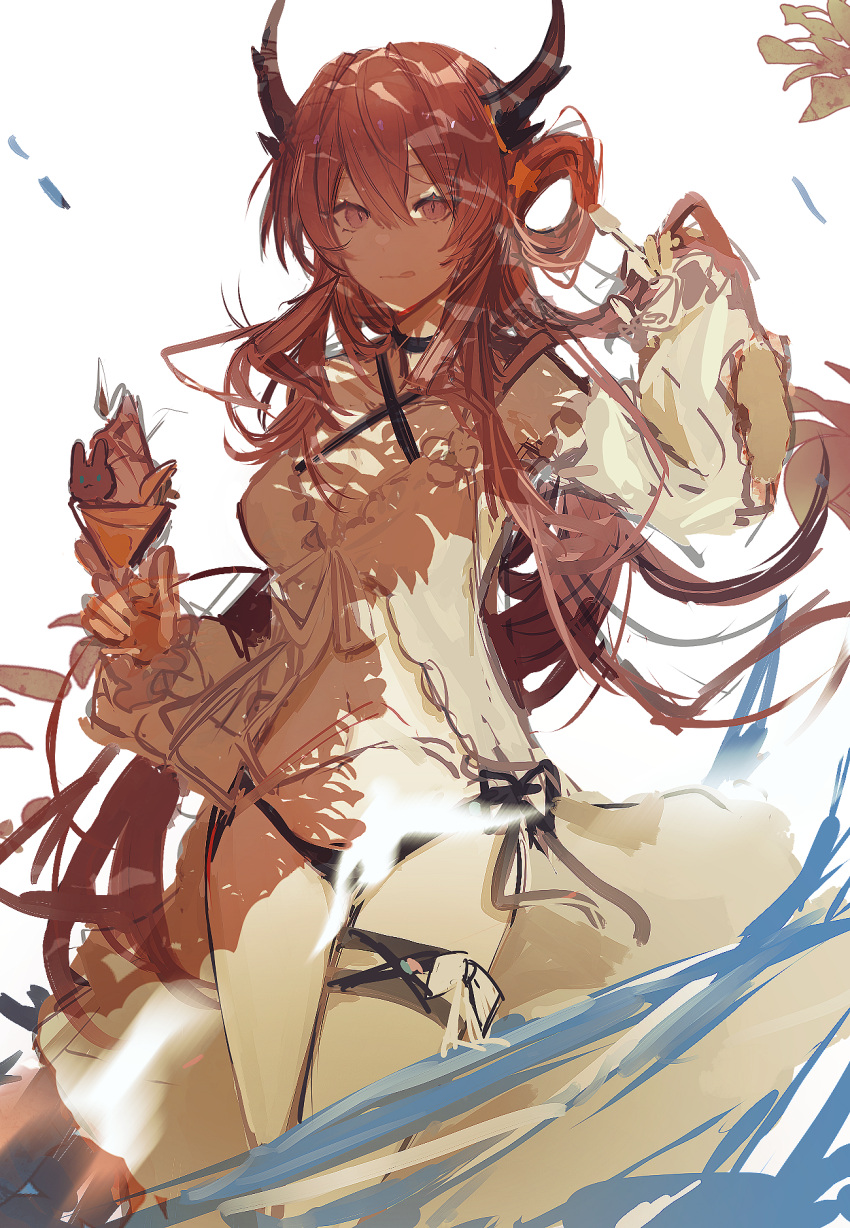 1girl :q arknights bikini bikini_under_clothes black_bikini black_choker choker cowboy_shot criss-cross_halter demon_girl demon_horns hair_between_eyes hair_ornament hair_rings halterneck highres holding holding_ice_cream holding_spoon horns ice_cream_cone licking_lips long_hair long_sleeves looking_at_viewer mixedpigment official_alternate_costume purple_eyes red_hair shirt simple_background sketch slit_pupils solo spoon star_(symbol) star_hair_ornament surtr_(arknights) surtr_(colorful_wonderland)_(arknights) swimsuit thigh_strap thighs tongue tongue_out very_long_hair water white_background white_shirt