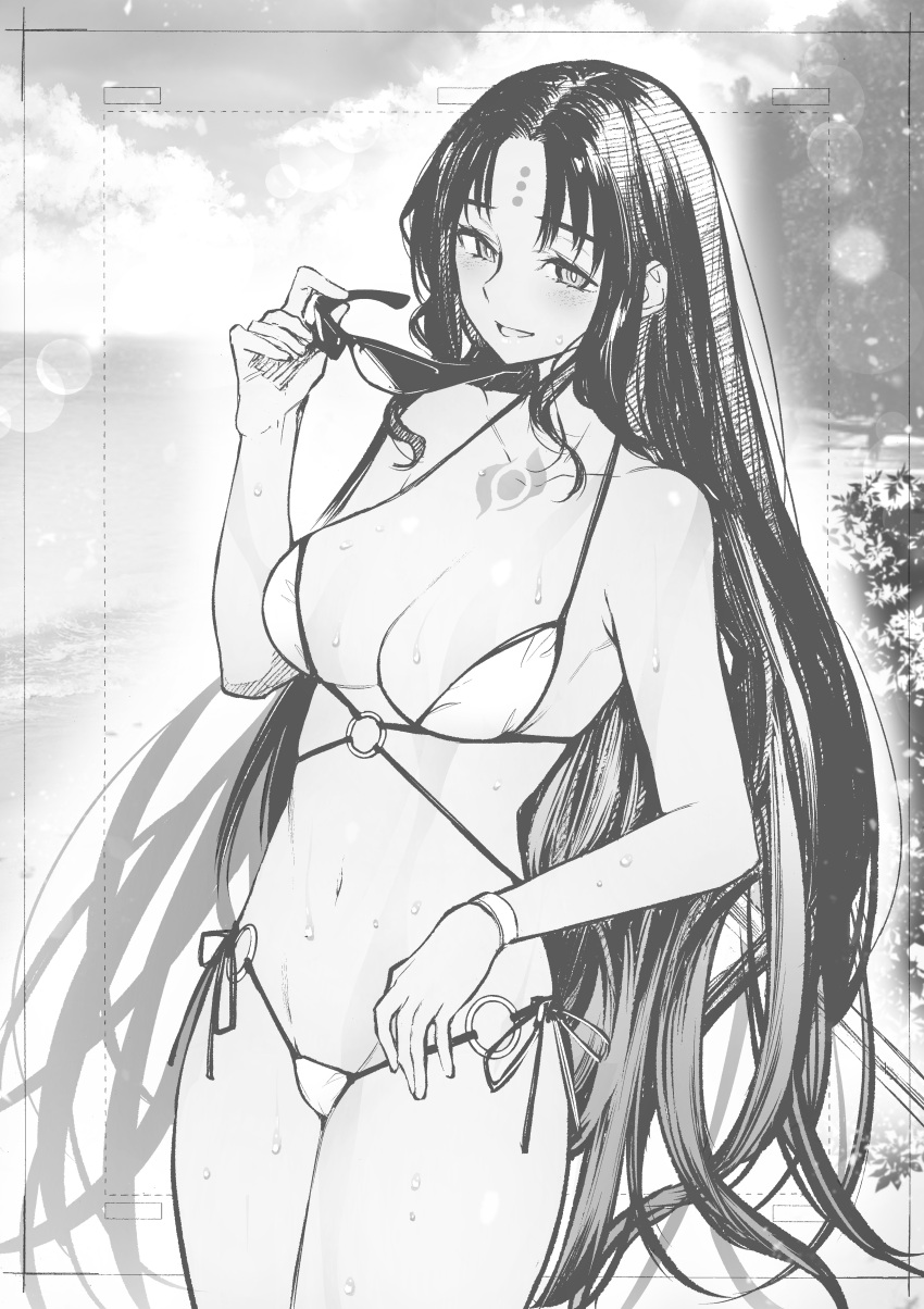 1girl absurdres bangs bikini black_hair bracelet breasts chest_tattoo commentary_request cowboy_shot eyewear_removed facial_mark fate/extra fate/extra_ccc fate/extra_ccc_fox_tail fate/grand_order fate_(series) forehead_mark forehead_tattoo greyscale highres holding holding_eyewear jewelry kojima_takeshi large_breasts long_hair looking_at_viewer monochrome o-ring o-ring_bikini open_mouth outdoors parted_bangs sesshouin_kiara smile solo sunglasses swimsuit tattoo very_long_hair wet