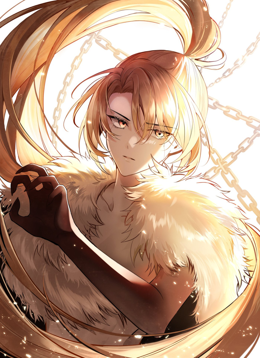 1girl blonde_hair chain fur_trim hand_up highres korean_commentary long_hair looking_at_viewer older omniscient_reader's_viewpoint ponytail serious shin_yoosung shine_s247 solo upper_body white_background yellow_eyes