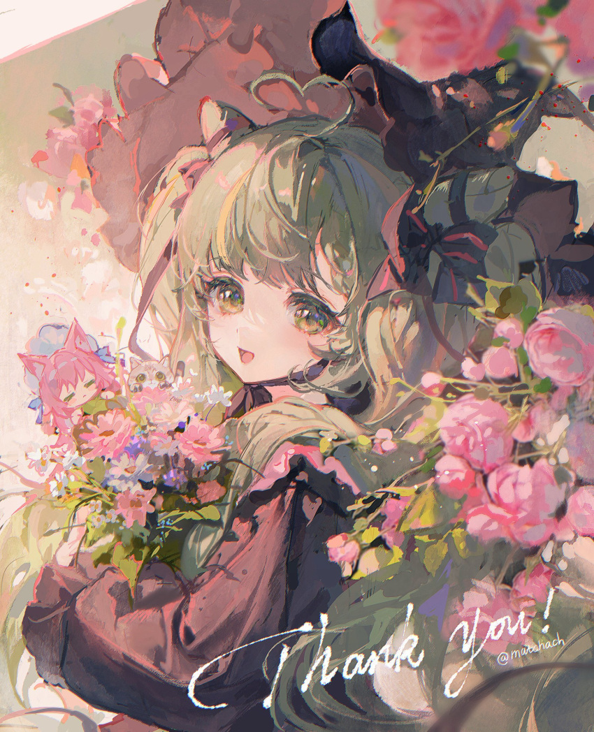 1girl ahoge bangs black_bow black_choker black_headwear black_sleeves blue_flower blurry blurry_foreground blush bouquet bow cat cat_girl choker commentary cone_hair_bun english_text flower frilled_hat frills from_side gothic_lolita green_eyes green_hair hair_bow hair_bun hat heart heart_ahoge heart_hair highres holding holding_bouquet holding_flower lolita_fashion long_hair long_sleeves looking_at_viewer maccha_(mochancc) open_mouth original pink_flower pink_rose rectangle rose sidelocks smile solo striped striped_bow symbol-only_commentary twintails upper_body watermark witch_hat