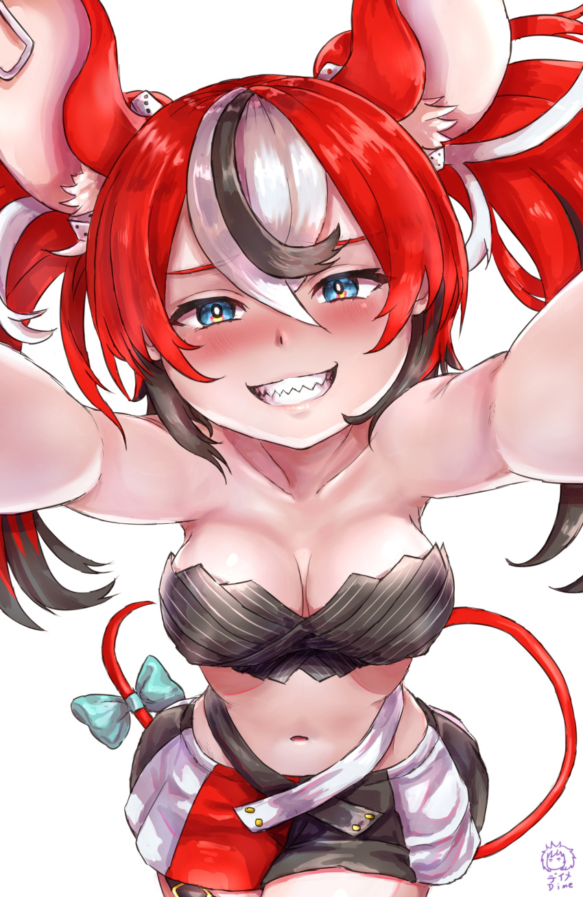 1girl absurdres animal_ears artist_name bangs bare_arms bare_shoulders black_bra black_collar black_hair blue_eyes blush bow bra breasts breasts_apart bright_pupils bustier cleavage collar collarbone colored_tips dice_hair_ornament dime-san from_above grin hair_between_eyes hair_ornament hakos_baelz half-closed_eyes highres hololive hololive_english leaning_forward looking_at_viewer medium_breasts midriff miniskirt mouse_ears mouse_girl mouse_tail mousetrap multicolored_clothes multicolored_hair multicolored_skirt navel reaching_out red_hair selfie sharp_teeth shirt_removed simple_background skirt sleeveless smile spiked_collar spikes streaked_hair tail tail_bow tail_ornament teeth twintails underwear virtual_youtuber white_background white_hair