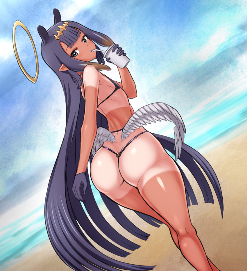 1girl ass beach bikini cup disposable_cup dutch_angle flat_chest gloves halo highres holding holding_cup hololive hololive_english jadf long_hair looking_at_viewer looking_back low_wings ninomae_ina'nis purple_hair solo standing swimsuit tan tanlines thong_bikini twisted_torso very_long_hair virtual_youtuber wings
